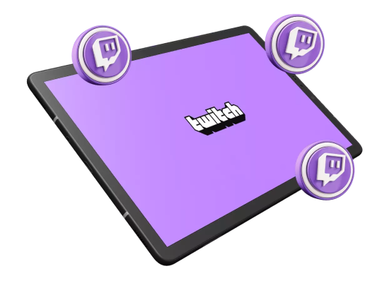 Mockup simples em 3D de tablet exibindo a logo da Twitch